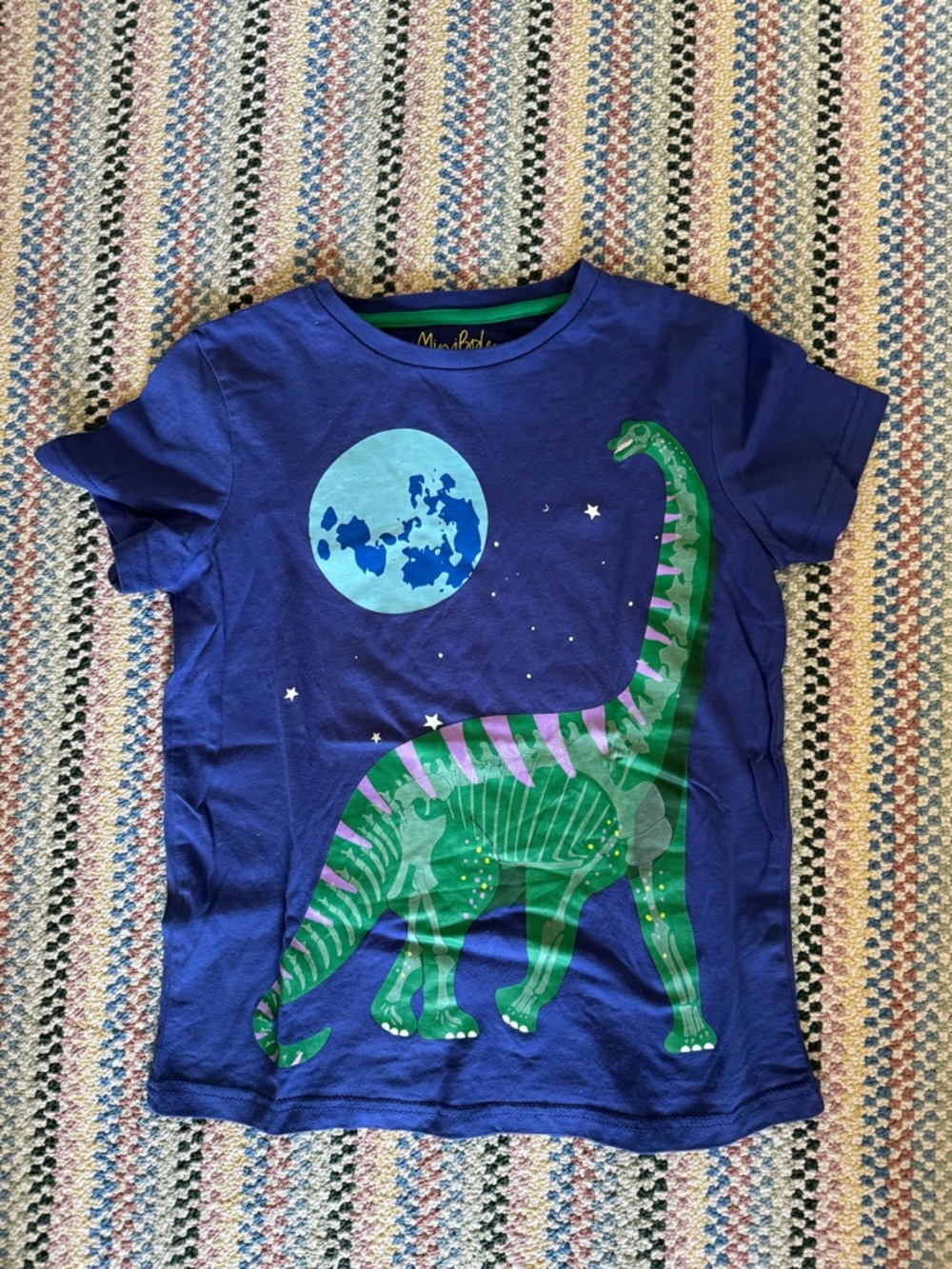 Mini Boden Glow in the Dark Blue Tee with Green & Purple Dinosaur